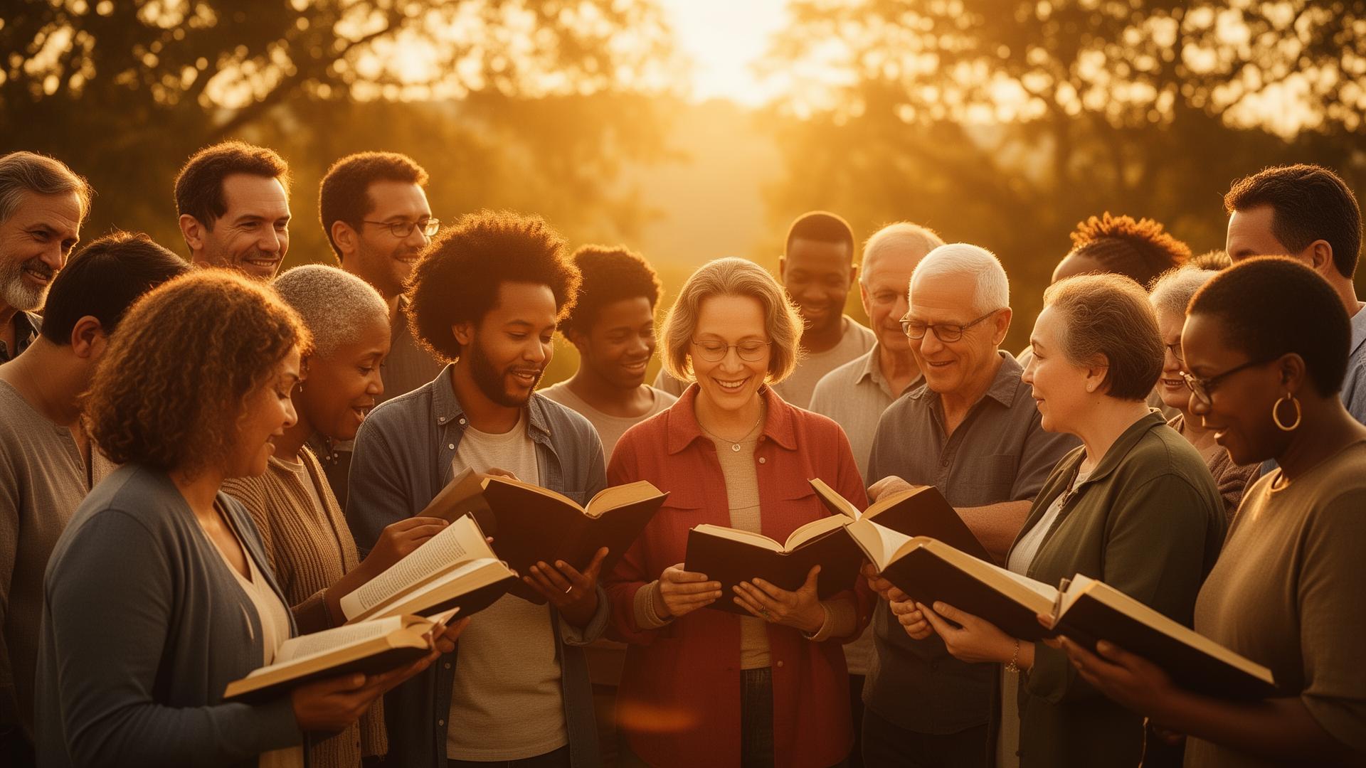 Diverse community gathering in warm golden light